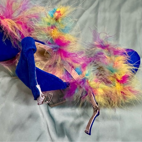 Women’s Royal Blue Rainbow Feathered Strap Party Heels With Iridescent Heel - Picture 4 of 4